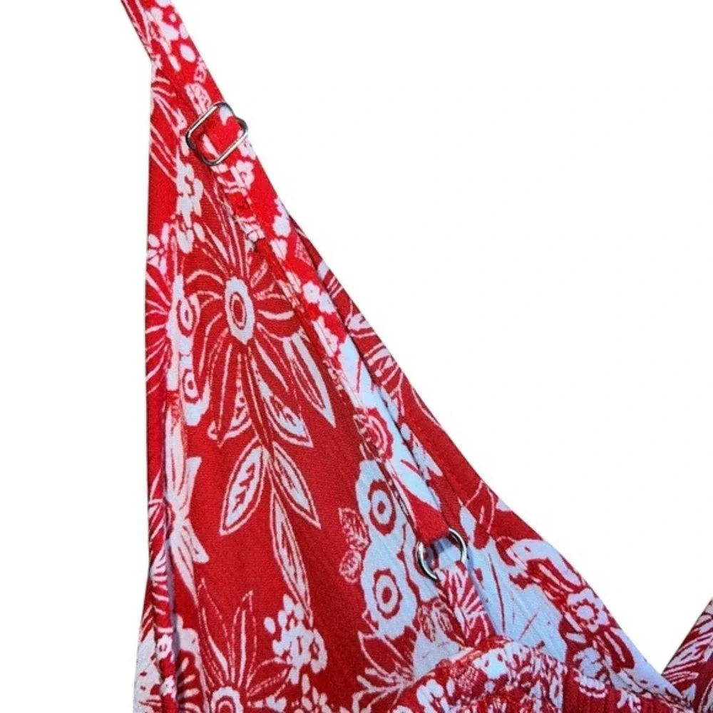 Angie Floral Print Jumpsuit Wide Leg Ruffled Smocked‎ Red White Size S